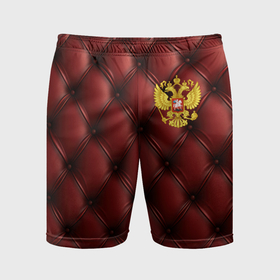 Мужские шорты спортивные с принтом Золотой герб России на красном кожаном фоне в Санкт-Петербурге,  |  | 