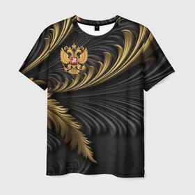 Мужская футболка 3D с принтом Герб России черный и золотой фон в Новосибирске, 100% полиэфир | прямой крой, круглый вырез горловины, длина до линии бедер | 