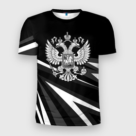 Мужская футболка 3D Slim с принтом Герб РФ   white and black geometry в Екатеринбурге, 100% полиэстер с улучшенными характеристиками | приталенный силуэт, круглая горловина, широкие плечи, сужается к линии бедра | 