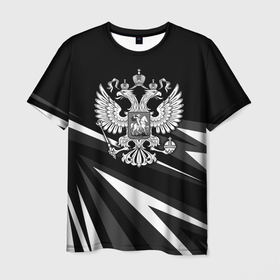 Мужская футболка 3D с принтом Герб РФ   white and black geometry в Екатеринбурге, 100% полиэфир | прямой крой, круглый вырез горловины, длина до линии бедер | 