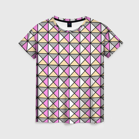 Женская футболка 3D с принтом Геометрический треугольники бело серо розовый в Рязани, 100% полиэфир ( синтетическое хлопкоподобное полотно) | прямой крой, круглый вырез горловины, длина до линии бедер | 