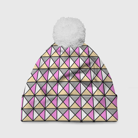 Шапка 3D c помпоном с принтом Геометрический треугольники бело серо розовый в Белгороде, 100% полиэстер | универсальный размер, печать по всей поверхности изделия | 