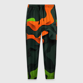 Мужские брюки 3D с принтом Зеленые и оранжевые кляксы в Санкт-Петербурге, 100% полиэстер | манжеты по низу, эластичный пояс регулируется шнурком, по бокам два кармана без застежек, внутренняя часть кармана из мелкой сетки | 