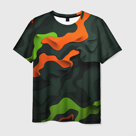 Мужская футболка 3D с принтом Зеленые и оранжевые кляксы в Новосибирске, 100% полиэфир | прямой крой, круглый вырез горловины, длина до линии бедер | 