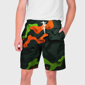 Мужские шорты 3D с принтом Зеленые и оранжевые кляксы в Санкт-Петербурге,  полиэстер 100% | прямой крой, два кармана без застежек по бокам. Мягкая трикотажная резинка на поясе, внутри которой широкие завязки. Длина чуть выше колен | 