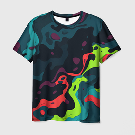 Мужская футболка 3D с принтом Яркий кислотный абстрактный камуфляж в Санкт-Петербурге, 100% полиэфир | прямой крой, круглый вырез горловины, длина до линии бедер | 