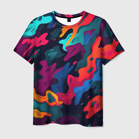 Мужская футболка 3D с принтом Яркая абстракция в виде камуфляжа в Кировске, 100% полиэфир | прямой крой, круглый вырез горловины, длина до линии бедер | 
