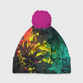 Шапка 3D c помпоном с принтом Яркие разноцветные абстрактные листья в Екатеринбурге, 100% полиэстер | универсальный размер, печать по всей поверхности изделия | 