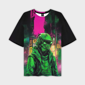 Мужская футболка oversize 3D с принтом Уличный воин в зелёном шлеме в Кировске,  |  | Тематика изображения на принте: 