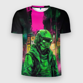 Мужская футболка 3D Slim с принтом Уличный воин в зелёном шлеме в Кировске, 100% полиэстер с улучшенными характеристиками | приталенный силуэт, круглая горловина, широкие плечи, сужается к линии бедра | Тематика изображения на принте: 