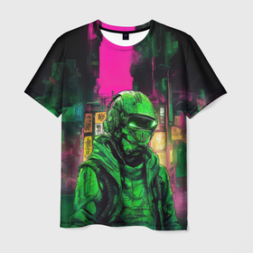 Мужская футболка 3D с принтом Уличный воин в зелёном шлеме в Кировске, 100% полиэфир | прямой крой, круглый вырез горловины, длина до линии бедер | Тематика изображения на принте: 