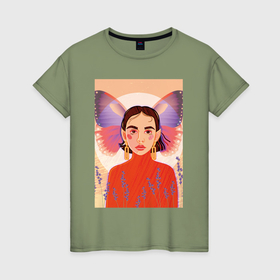 Женская футболка хлопок с принтом Девочка с крыльями бабочки на фоне огромной луны в Курске, 100% хлопок | прямой крой, круглый вырез горловины, длина до линии бедер, слегка спущенное плечо | 