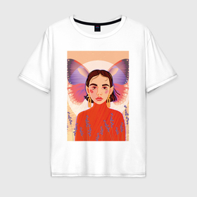 Мужская футболка хлопок Oversize с принтом Девочка с крыльями бабочки на фоне огромной луны в Белгороде, 100% хлопок | свободный крой, круглый ворот, “спинка” длиннее передней части | 