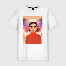 Мужская футболка хлопок Slim с принтом Девочка с крыльями бабочки на фоне огромной луны в Белгороде, 92% хлопок, 8% лайкра | приталенный силуэт, круглый вырез ворота, длина до линии бедра, короткий рукав | 