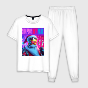 Мужская пижама хлопок с принтом Simpson new year   cyberpunk в Кировске, 100% хлопок | брюки и футболка прямого кроя, без карманов, на брюках мягкая резинка на поясе и по низу штанин
 | Тематика изображения на принте: 