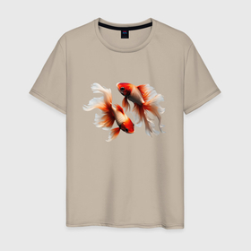 Мужская футболка хлопок с принтом Красные рыбки в Екатеринбурге, 100% хлопок | прямой крой, круглый вырез горловины, длина до линии бедер, слегка спущенное плечо. | 