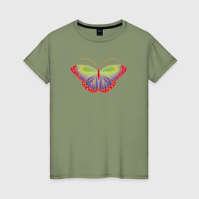 Женская футболка хлопок с принтом Разноцветная бабочка в Екатеринбурге, 100% хлопок | прямой крой, круглый вырез горловины, длина до линии бедер, слегка спущенное плечо | 
