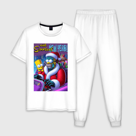 Мужская пижама хлопок с принтом Santa Simpsons New Year   ai art в Белгороде, 100% хлопок | брюки и футболка прямого кроя, без карманов, на брюках мягкая резинка на поясе и по низу штанин
 | 