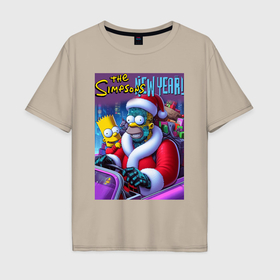 Мужская футболка хлопок Oversize с принтом Santa Simpsons New Year   ai art в Кировске, 100% хлопок | свободный крой, круглый ворот, “спинка” длиннее передней части | Тематика изображения на принте: 