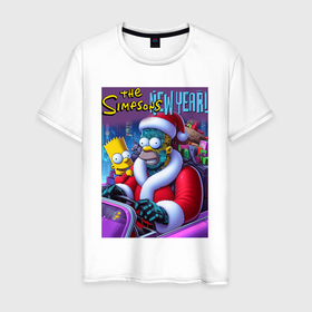 Мужская футболка хлопок с принтом Santa Simpsons New Year   ai art в Кировске, 100% хлопок | прямой крой, круглый вырез горловины, длина до линии бедер, слегка спущенное плечо. | 