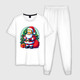 Мужская пижама хлопок с принтом Santa Simpson   ai art в Белгороде, 100% хлопок | брюки и футболка прямого кроя, без карманов, на брюках мягкая резинка на поясе и по низу штанин
 | 