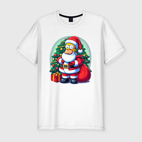 Мужская футболка хлопок Slim с принтом Santa Simpson   ai art в Петрозаводске, 92% хлопок, 8% лайкра | приталенный силуэт, круглый вырез ворота, длина до линии бедра, короткий рукав | 