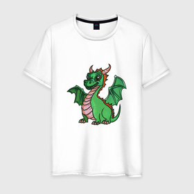 Мужская футболка хлопок с принтом Зелёный детёныш дракона в Курске, 100% хлопок | прямой крой, круглый вырез горловины, длина до линии бедер, слегка спущенное плечо. | 