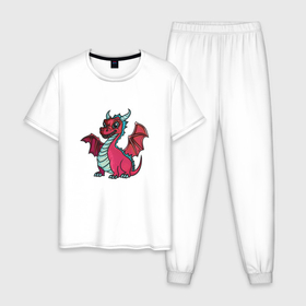 Мужская пижама хлопок с принтом Красный детёныш дракона в Кировске, 100% хлопок | брюки и футболка прямого кроя, без карманов, на брюках мягкая резинка на поясе и по низу штанин
 | Тематика изображения на принте: 