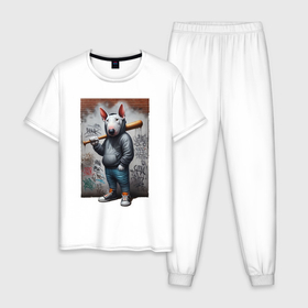 Мужская пижама хлопок с принтом Чувак Булли с битой   нейросеть в Петрозаводске, 100% хлопок | брюки и футболка прямого кроя, без карманов, на брюках мягкая резинка на поясе и по низу штанин
 | 