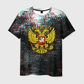 Мужская футболка 3D с принтом Россия герб краски глитч в Новосибирске, 100% полиэфир | прямой крой, круглый вырез горловины, длина до линии бедер | 