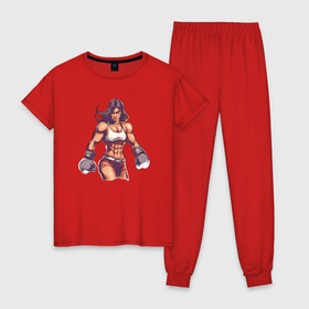 Женская пижама хлопок с принтом Бойцовский дух в Белгороде, 100% хлопок | брюки и футболка прямого кроя, без карманов, на брюках мягкая резинка на поясе и по низу штанин | 