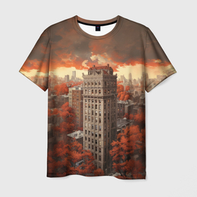 Мужская футболка 3D с принтом Небоскреб в осеннем городе , 100% полиэфир | прямой крой, круглый вырез горловины, длина до линии бедер | 