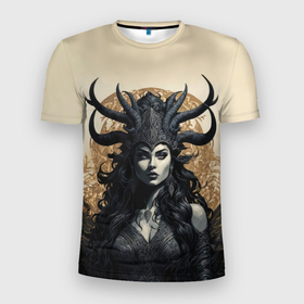 Мужская футболка 3D Slim с принтом Рогатая девушка демон в Екатеринбурге, 100% полиэстер с улучшенными характеристиками | приталенный силуэт, круглая горловина, широкие плечи, сужается к линии бедра | Тематика изображения на принте: 