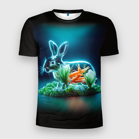 Мужская футболка 3D Slim с принтом Прозрачный стеклянный кролик с овощами в Тюмени, 100% полиэстер с улучшенными характеристиками | приталенный силуэт, круглая горловина, широкие плечи, сужается к линии бедра | 