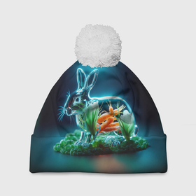 Шапка 3D c помпоном с принтом Прозрачный стеклянный кролик с овощами в Санкт-Петербурге, 100% полиэстер | универсальный размер, печать по всей поверхности изделия | 