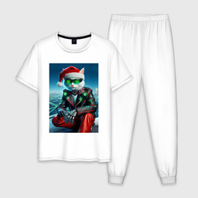 Мужская пижама хлопок с принтом Cool cat   new year cyberpunk в Кировске, 100% хлопок | брюки и футболка прямого кроя, без карманов, на брюках мягкая резинка на поясе и по низу штанин
 | 