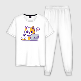 Мужская пижама хлопок с принтом Котик за ноутбуком , 100% хлопок | брюки и футболка прямого кроя, без карманов, на брюках мягкая резинка на поясе и по низу штанин
 | 