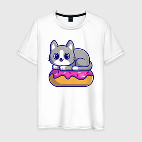 Мужская футболка хлопок с принтом Кот на пончике в Белгороде, 100% хлопок | прямой крой, круглый вырез горловины, длина до линии бедер, слегка спущенное плечо. | 