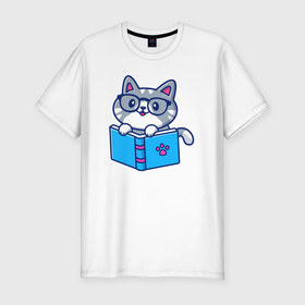 Мужская футболка хлопок Slim с принтом Читающий котёнок в Петрозаводске, 92% хлопок, 8% лайкра | приталенный силуэт, круглый вырез ворота, длина до линии бедра, короткий рукав | 