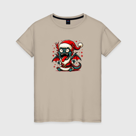 Женская футболка хлопок с принтом Чокнутый новогодний дракон в Тюмени, 100% хлопок | прямой крой, круглый вырез горловины, длина до линии бедер, слегка спущенное плечо | 