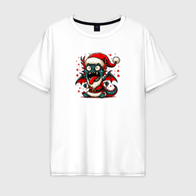 Мужская футболка хлопок Oversize с принтом Чокнутый новогодний дракон в Тюмени, 100% хлопок | свободный крой, круглый ворот, “спинка” длиннее передней части | 