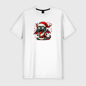 Мужская футболка хлопок Slim с принтом Чокнутый новогодний дракон в Тюмени, 92% хлопок, 8% лайкра | приталенный силуэт, круглый вырез ворота, длина до линии бедра, короткий рукав | 
