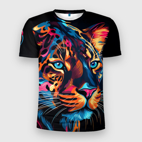 Мужская футболка 3D Slim с принтом Голубоглазый леопард в Санкт-Петербурге, 100% полиэстер с улучшенными характеристиками | приталенный силуэт, круглая горловина, широкие плечи, сужается к линии бедра | Тематика изображения на принте: 