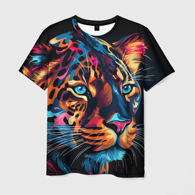 Мужская футболка 3D с принтом Голубоглазый леопард в Кировске, 100% полиэфир | прямой крой, круглый вырез горловины, длина до линии бедер | Тематика изображения на принте: 