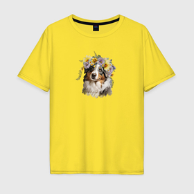 Мужская футболка хлопок Oversize с принтом Австралийская овчарка в цветах в Курске, 100% хлопок | свободный крой, круглый ворот, “спинка” длиннее передней части | 