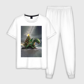 Мужская пижама хлопок с принтом Зеленый дракон у новогодней елки в Кировске, 100% хлопок | брюки и футболка прямого кроя, без карманов, на брюках мягкая резинка на поясе и по низу штанин
 | 