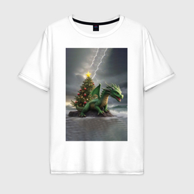 Мужская футболка хлопок Oversize с принтом Зеленый дракон у новогодней елки в Тюмени, 100% хлопок | свободный крой, круглый ворот, “спинка” длиннее передней части | 