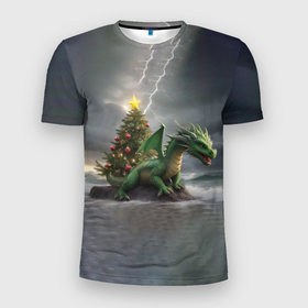 Мужская футболка 3D Slim с принтом Зеленый дракон, символ 2024 года в Санкт-Петербурге, 100% полиэстер с улучшенными характеристиками | приталенный силуэт, круглая горловина, широкие плечи, сужается к линии бедра | 