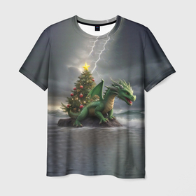 Мужская футболка 3D с принтом Зеленый дракон, символ 2024 года в Кировске, 100% полиэфир | прямой крой, круглый вырез горловины, длина до линии бедер | 
