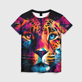 Женская футболка 3D с принтом Портрет леопарда , 100% полиэфир ( синтетическое хлопкоподобное полотно) | прямой крой, круглый вырез горловины, длина до линии бедер | 